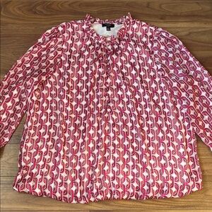 Stylish Pink Red Patterned Women's Top Ruffles Long Sleeve Formal Casual